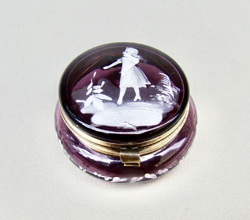 Rare Victorian "Mary Gregory" Amethyst Glass Trinket Box, Circa 1890