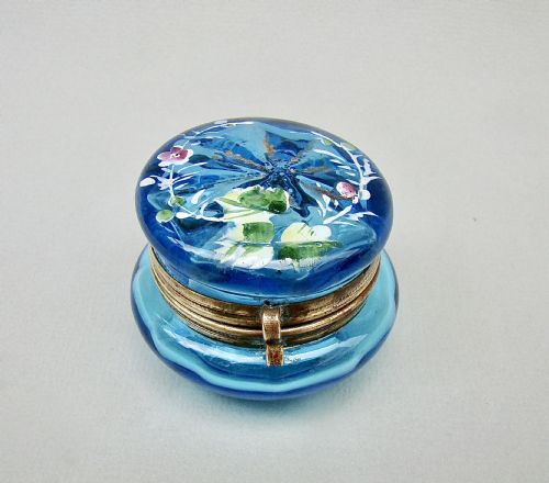 Delightful French Turquoise Glass Enamelled Trinket Box, Circa 1890
