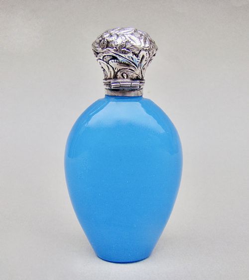 fig 3. STUNNING SILVER MOUNTED OPALINE GLASS SCENT BOTTLE, CIRCA 1890