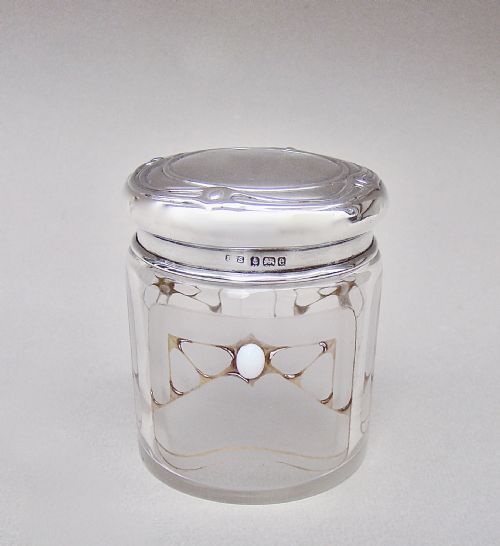 Art Nouveau Silver & Opal Incrusted Frosted Glass Vanity Jar by Levi & Salaman Birmingham 1905