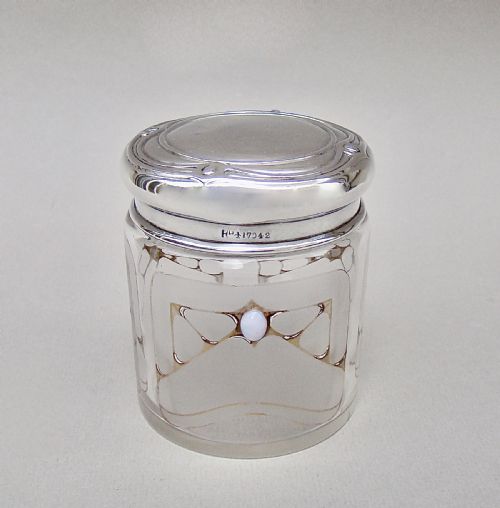 fig 1. ART NOUVEAU SILVER & OPAL INCRUSTED FROSTED GLASS VANITY JAR BY LEVI & SALAMAN BIRMINGHAM 1905