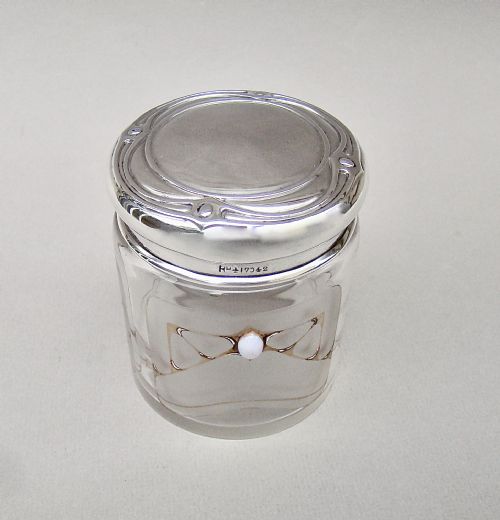 fig 2. ART NOUVEAU SILVER & OPAL INCRUSTED FROSTED GLASS VANITY JAR BY LEVI & SALAMAN BIRMINGHAM 1905