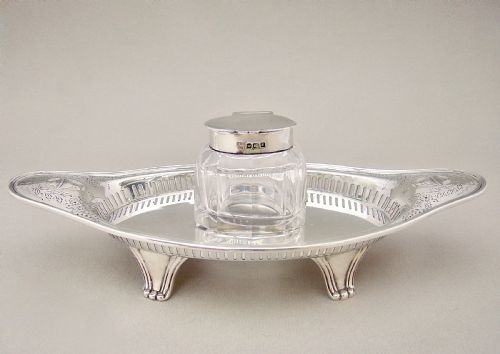 fig 1. GEORGIAN REVIVAL SILVER & GLASS INKSTAND BY HAWKSWORTH, EYRE & CO, SHEFFIELD 1908
