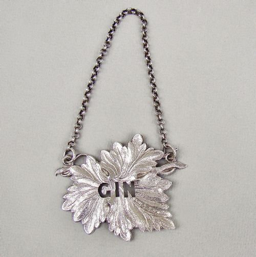 Victorian Silver Vine Leaf Wine Label for Gin by Hilliard & Thomason, Birmingham 1889