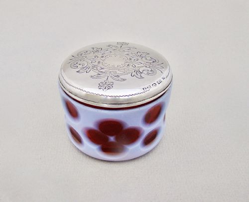 Exquisite 19th C. Swedish Silver Overlay Cranberry Glass Rouge Pot, Dated 1890