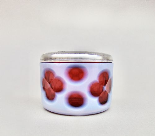 fig 1. EXQUISITE 19TH C. SWEDISH SILVER OVERLAY CRANBERRY GLASS ROUGE POT, DATED 1890