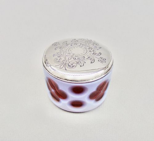 fig 2. EXQUISITE 19TH C. SWEDISH SILVER OVERLAY CRANBERRY GLASS ROUGE POT, DATED 1890