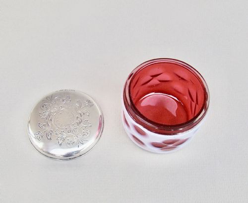 fig 3. EXQUISITE 19TH C. SWEDISH SILVER OVERLAY CRANBERRY GLASS ROUGE POT, DATED 1890