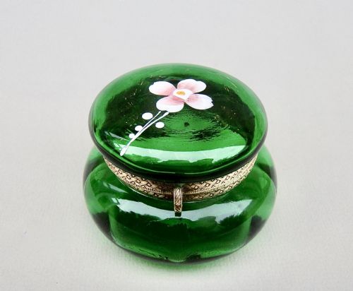 19th Century French Enamelled Green Glass Trinket Box, Circa 1890