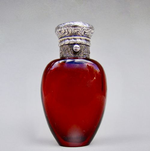 fig 1. FINE VICTORIAN SILVER GILT & RUBY GLASS SCENT BOTTLE BY GEORGE BRACE, LONDON CIRCA 1860