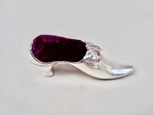 fig 1. EXQUISITE VICTORIAN SILVER PIN CUSHION IN THE FORM OF A LADIES' SHOE BY ADIE & LOVEKIN, BIRMINGHAM 1891