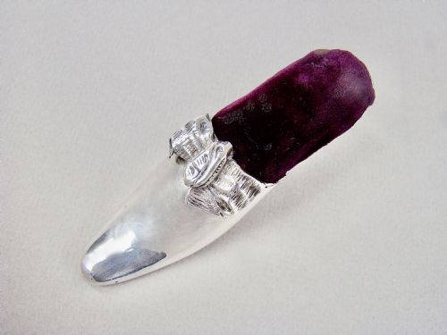 fig 2. EXQUISITE VICTORIAN SILVER PIN CUSHION IN THE FORM OF A LADIES' SHOE BY ADIE & LOVEKIN, BIRMINGHAM 1891