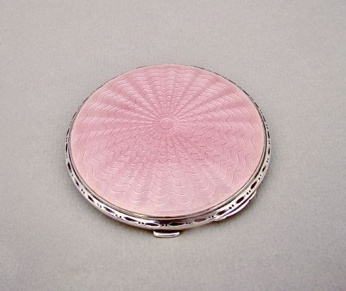 Art Deco Silver and Pink Guilloche Enamel Compact by Crisford & Norris, Birmingham 1935