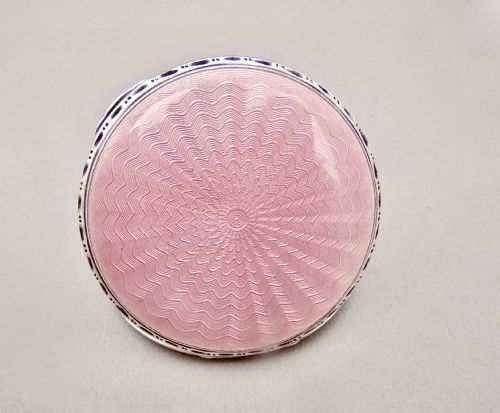 fig 1. ART DECO SILVER AND PINK GUILLOCHE ENAMEL COMPACT BY CRISFORD & NORRIS, BIRMINGHAM 1935