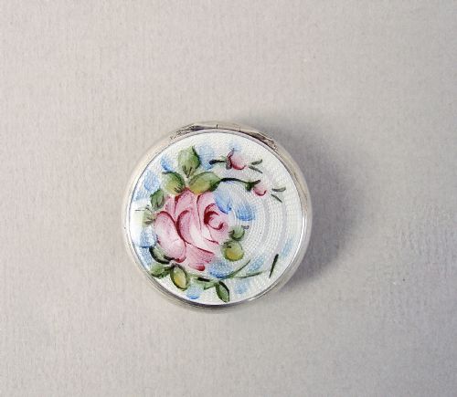 Delightful Mid-century Sterling Silver and Botanical Guilloche Enamel Pill Box, Circa 1910