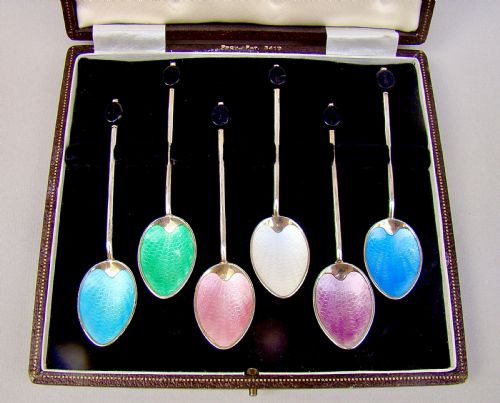 Cased Set of 6 Silver & Guilloche Enamel Bean Knop Coffee Spoons by Turner & Simpson, Birmingham 1957