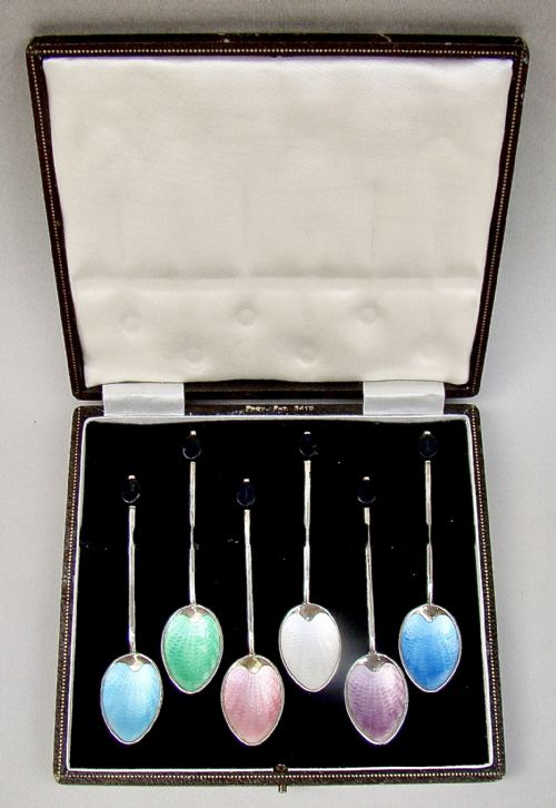 fig 1. CASED SET OF 6 SILVER & GUILLOCHE ENAMEL BEAN KNOP COFFEE SPOONS BY TURNER & SIMPSON, BIRMINGHAM 1957