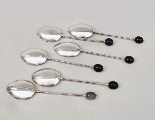 fig 3. CASED SET OF 6 SILVER & GUILLOCHE ENAMEL BEAN KNOP COFFEE SPOONS BY TURNER & SIMPSON, BIRMINGHAM 1957