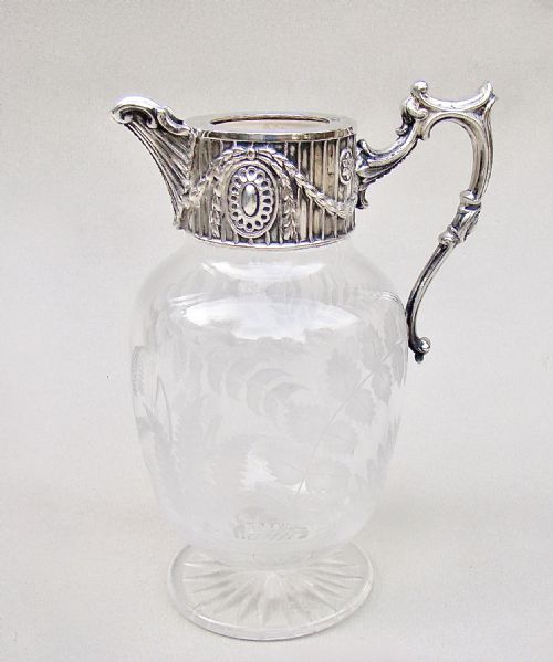 fig 1. SUPERB VICTORIAN SILVER PLATED & ETCHED GLASS SMALL WATER JUG BY ELKINGTON & CO, SHEFFIELD 1861