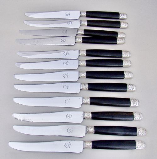 fig 2. FABULOUS CASED SET OF TWELVE SILVER PLATED FRENCH TABLE KNIVES WITH EBONY HANDLES AND STEEL BLADES, PARIS CIRCA 1890