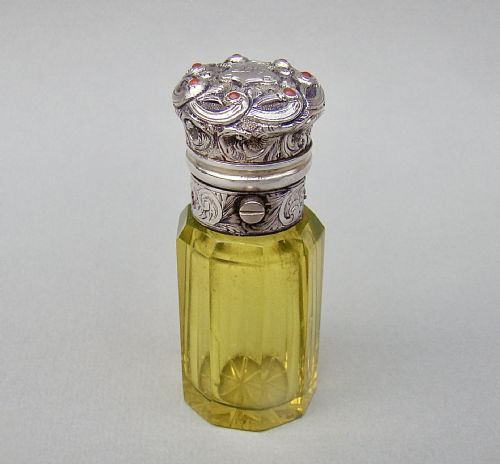 Rare Victorian Coral & Silver Mounted Citrine Glass Scent Bottle, Circa 1870