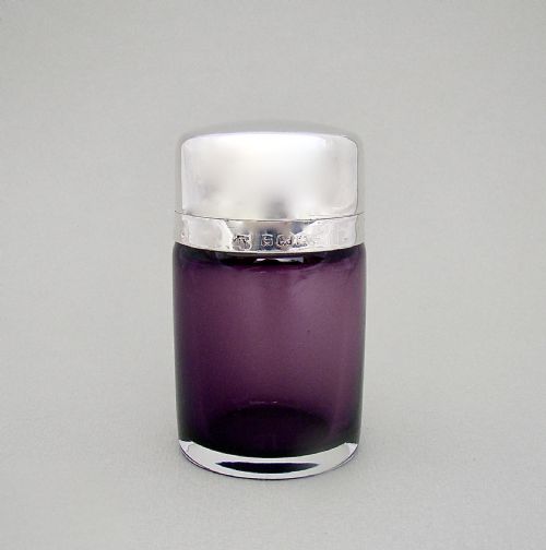 fig 1. ELEGANT EDWARDIAN SILVER AND AMETHYST GLASS SCENT BOTTLE BY WILLIAM HUTTON & SONS, BIRMINGHAM 1905