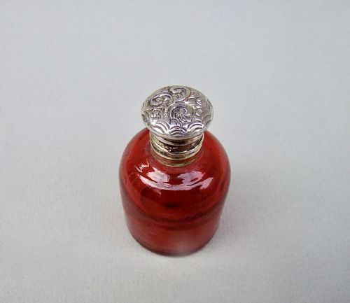 Small French Silver Gilt and Cranberry Glass Scent Bottle, Circa 1890
