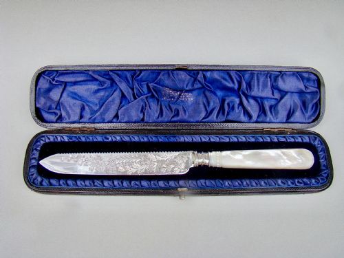 Cased Victorian Solid Silver and Mother of Pearl Cake Knife by the Atkins Brothers, Sheffield 1892