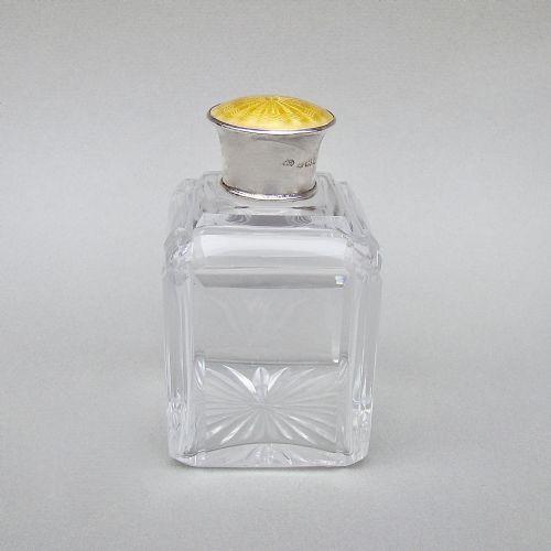 fig 1. ART DECO SILVER AND GUILLOCHE ENAMEL CUT GLASS SCENT BOTTLE BY HENRY PERKINS, BIRMINGHAM 1921