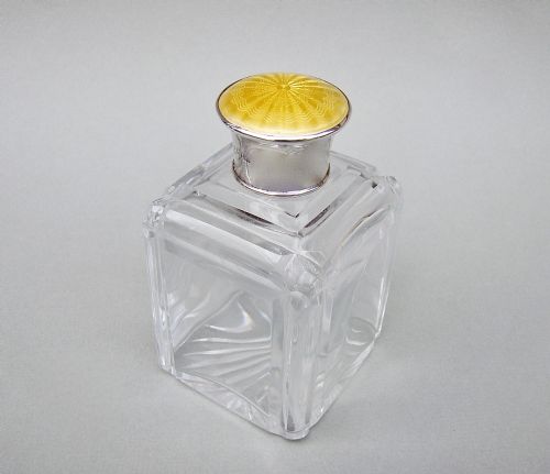 Art Deco Silver and Guilloche Enamel Cut Glass Scent Bottle by Henry Perkins, Birmingham 1921