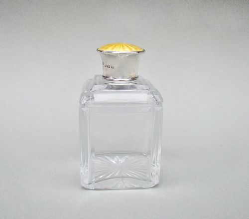 fig 2. ART DECO SILVER AND GUILLOCHE ENAMEL CUT GLASS SCENT BOTTLE BY HENRY PERKINS, BIRMINGHAM 1921