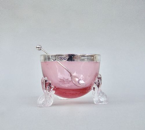 Victorian Silver Mounted Cranberry Glass Salt, London 1899 & Silver Salt Spoon
