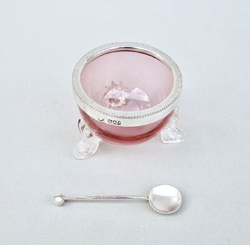 fig 1. VICTORIAN SILVER MOUNTED CRANBERRY GLASS SALT, LONDON 1899 & SILVER SALT SPOON
