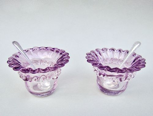 fig 1. DELIGHTFUL PAIR OF VICTORIAN AMETHYST GLASS SALTS WITH SILVER SPOONS, BIRMINGHAM 1900