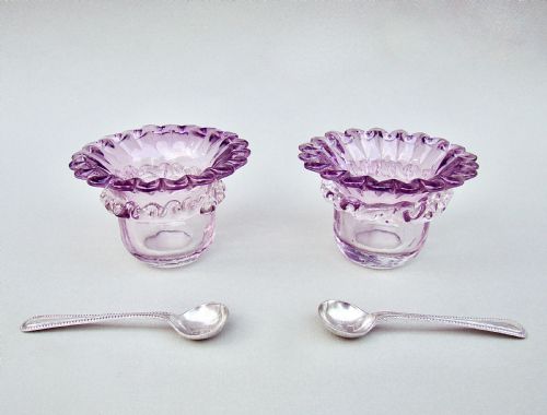 Delightful Pair of Victorian Amethyst Glass Salts with Silver Spoons, Birmingham 1900