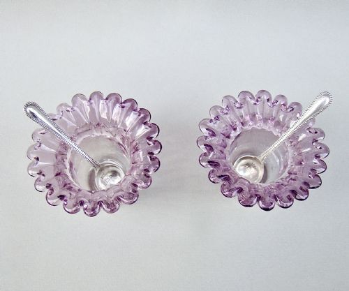 fig 2. DELIGHTFUL PAIR OF VICTORIAN AMETHYST GLASS SALTS WITH SILVER SPOONS, BIRMINGHAM 1900
