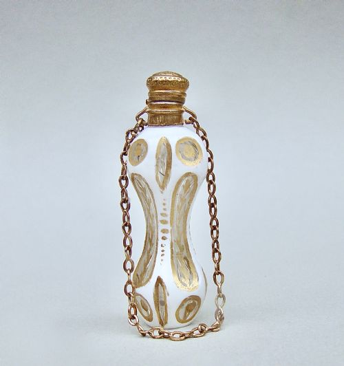 fig 1. RARE MINIATURE 19TH C. FRENCH OVERLAY GLASS CHATELAINE SCENT BOTTLE, CIRCA 1870