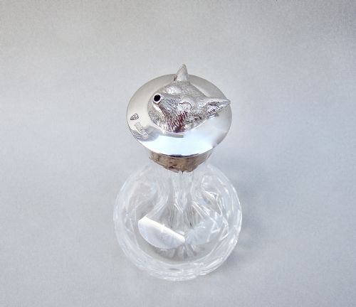 Rare Mid-century Silver Mounted "Fox Head" Bitters Bottle by J B Chatterley & Sons, Birmingham 1950