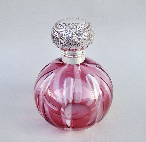 Large Edwardian Silver and Cranberry Glass Scent Bottle by Walker & Hall, Sheffield Circa 1900