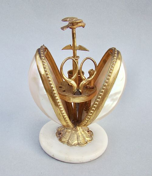Rare 19th C. French Palais Royal Mother of Pearl & Gilt "Egg" Sewing Companion, Circa 1860