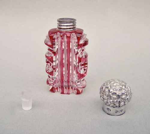 fig 3. DELIGHTFUL VICTORIAN BOHEMIAN OVERLAY CRANBERRY GLASS SCENT BOTTLE BY GEORGE BRACE, LONDON 1891