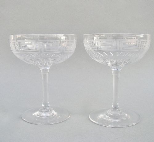 Elegant Pair of Victorian Sliced-cut Greek Key Pattern Champagne Coupes, Circa 1890