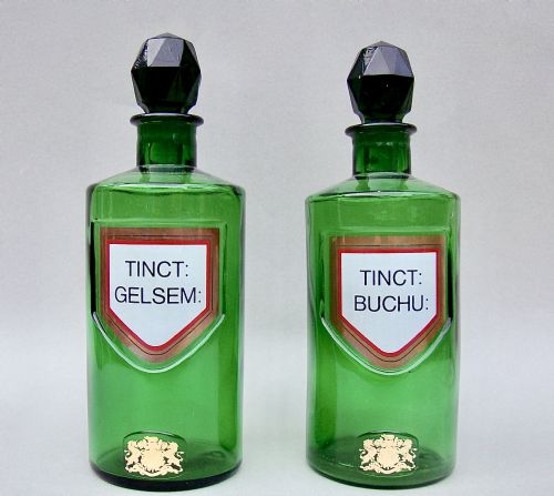 Rare Pair of Victorian "Royal Warrant" Green Apothecary Bottles, Circa 1890