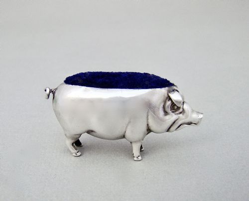 fig 1. EDWARDIAN SILVER PIG PIN CUSHION BY ADIE & LOVEKIN, BIRMINGHAM 1906