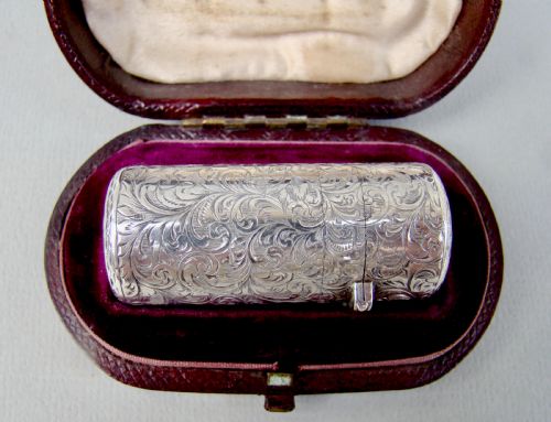 fig 1. FABULOUS CASED VICTORIAN SILVER SAMPSON MORDAN SCENT BOTTLE , LONDON 1881