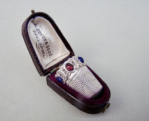 Rare Cased Continental Silver Thimble Set with Semi-precious Stones, Circa 1890