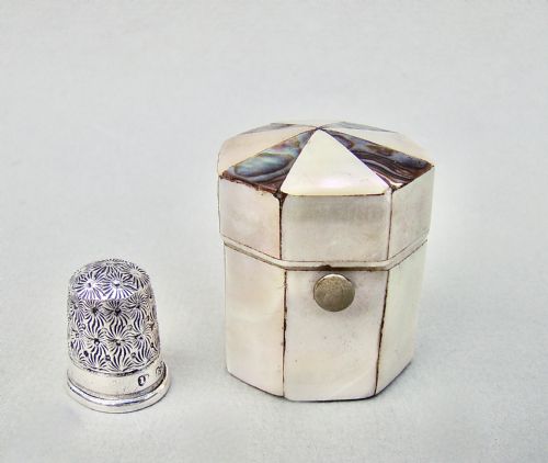 Chester Silver Thimble Fitted in Mother of Pearl & Abalone Case, Circa 1860
