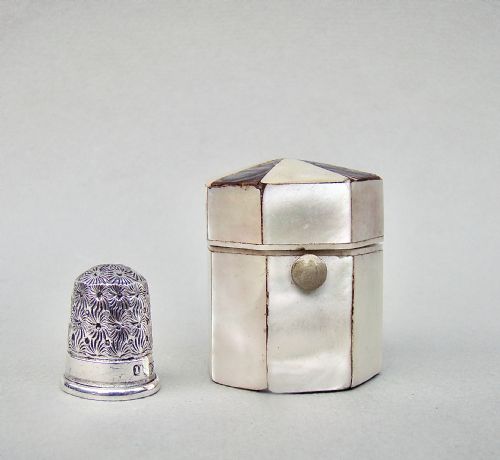 fig 1. CHESTER SILVER THIMBLE FITTED IN MOTHER OF PEARL & ABALONE CASE, CIRCA 1860