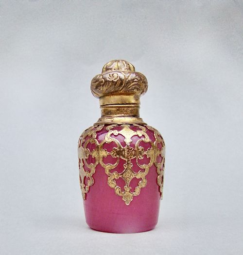 Rare 19th C. French Palais Royal Ormulu & Pink Opaline Glass Scent Bottle, Circa 1880