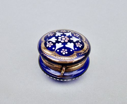 19th Century French Enamelled Bristol Blue Glass Trinket Box, Circa 1890
